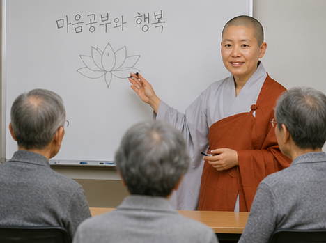 학습자들에게 마음공부를 강의하는 보련스님